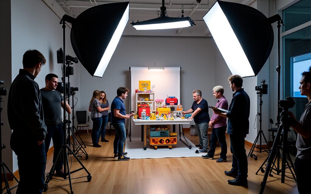 Detrás de las escenas de una sesión de fotos de producto, mostrando el equipo de iluminación.