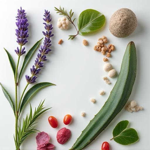 Composición plana de ingredientes botánicos como lavanda, rosa mosqueta y aloe vera.