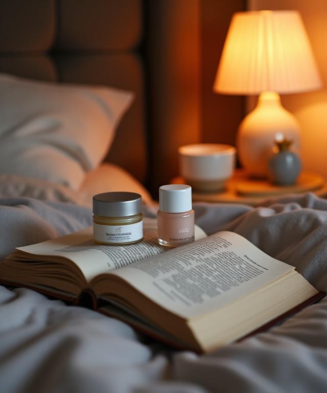 Producto de cuidado facial colocado con estilo en una mesita de noche junto a un libro.
