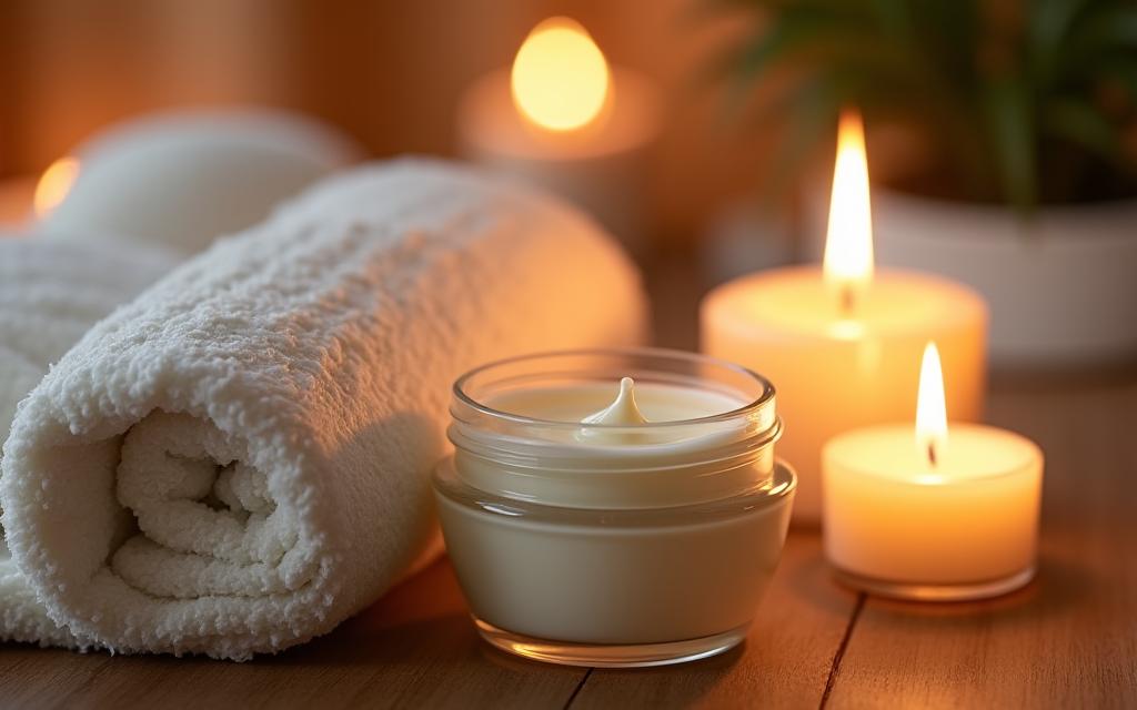 Ambiente de spa de lujo con un tarro de crema junto a una toalla enrollada y una vela.