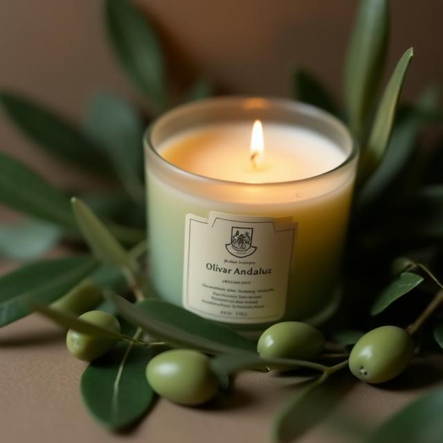 Vela aromática Olivar Andaluz rodeada de hojas de olivo frescas.